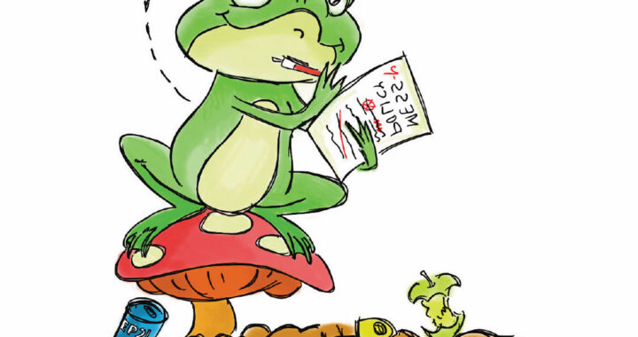 A frog reading a piece of paper title "Mess Policy", while sucking on one end of a pencil. The frog is sitting on a red spotted mushroom, while a bee buzzes over the head of the frog. Discarded food, like fishbones and an apple core are seen lying on the ground next to the mushroom.