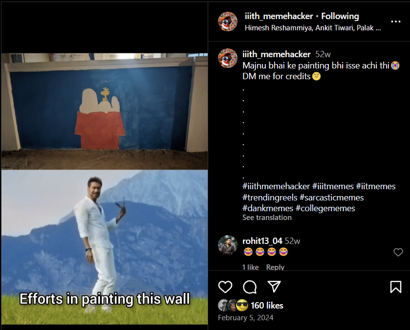 A meme post on Instagram features two images. The top image shows an early stage of a mural painting depicting Snoopy and Woodstock on a blue background with minimal details. The bottom image is a popular meme of a man (Ajay Devgn as Majnu Bhai) from an Indian movie, pointing at something while holding his sunglasses, with the caption "Efforts in painting this wall." The Instagram caption says "Majnu bhai ke painting bhi isse acchi thi", translating to "Even (brother) Majnu painted better than this".