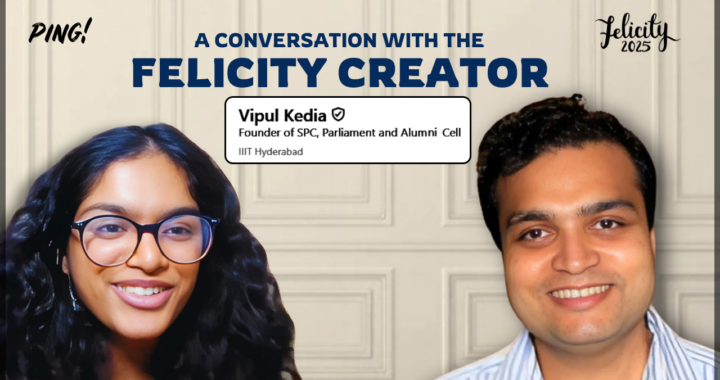 A promotional thumbnail for an interview titled 'A Conversation with the Felicity Creator.' The image features two people: a woman with curly black hair, wearing glasses and smiling on the left, and a man with short black hair, wearing a striped shirt and smiling on the right. A text box in the center introduces Vipul Kedia as the 'Founder of SPC, Parliament, and Alumni Cell' at IIIT Hyderabad.