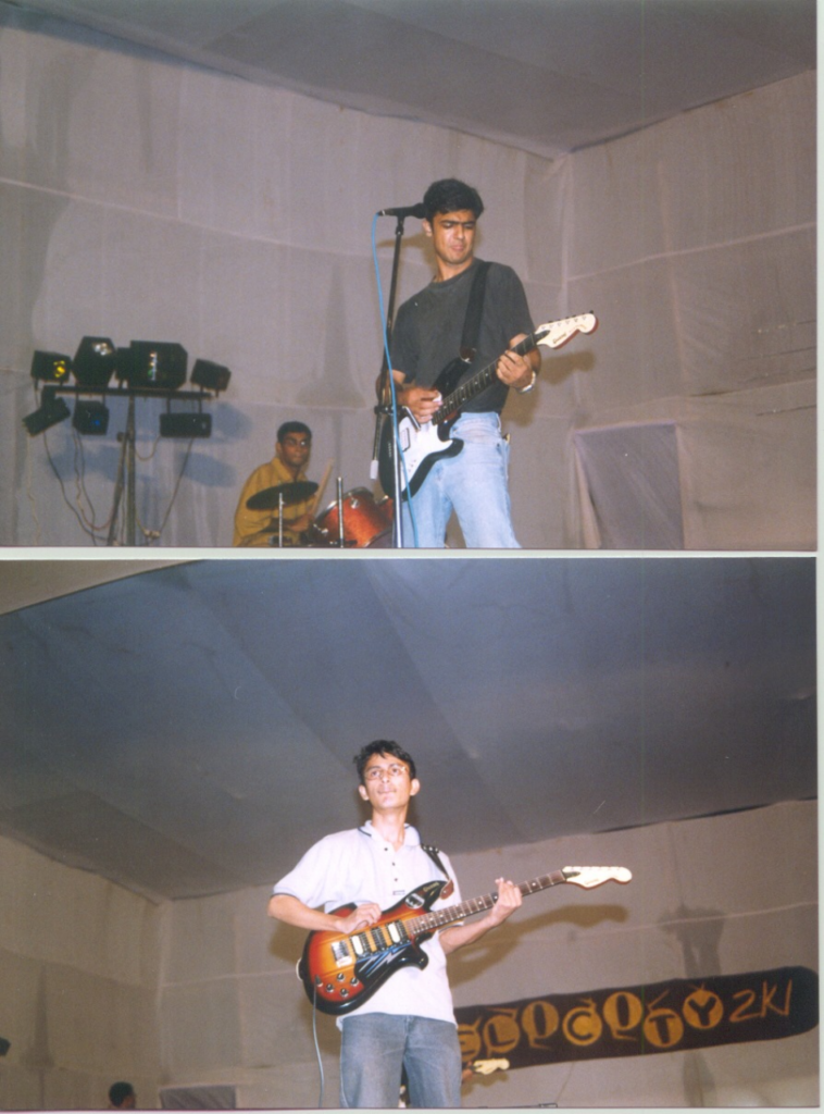 Two pictures form a collage. The picture on the top showcases a guitar player glancing at the fretboard while standing in front of a mic. In the background is a drummer seated. The bottom picture captures a guitarist confidently glancing into the crowd as he plays on his electric guitar