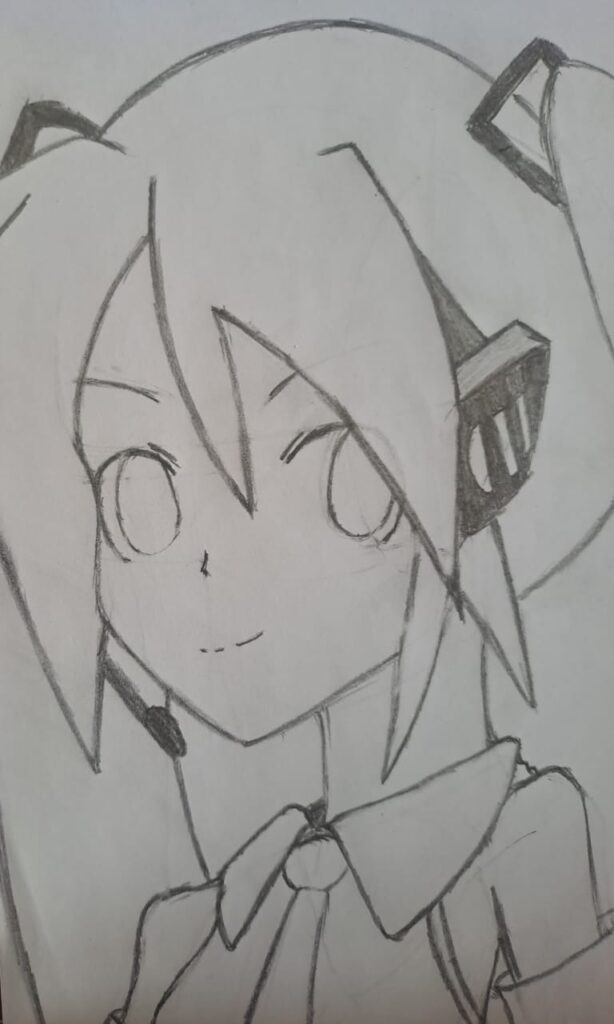 A pencil sketch of Hatsune Miku by the author. It is depicted as a sixteen-year-old girl with long, turquoise twintails.