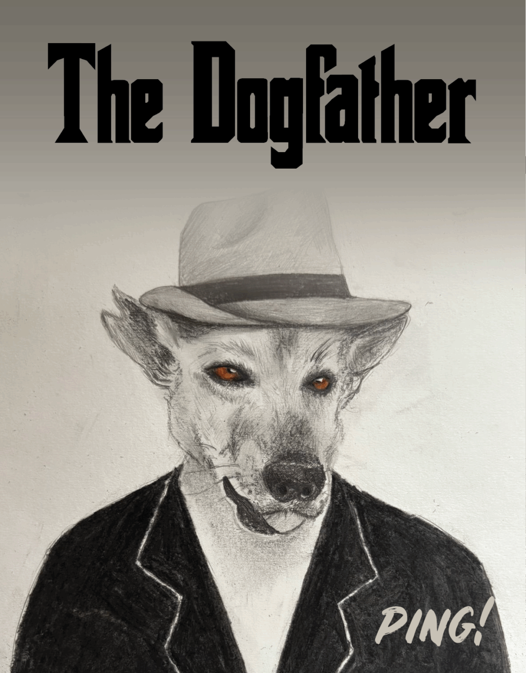 A hand-drawn sketch of a dog wearing a fedora and looking into the eyes of the viewer.
