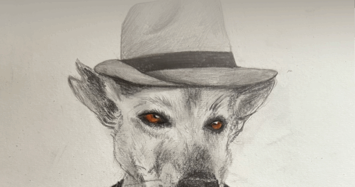 A hand-drawn sketch of a dog wearing a fedora and looking into the eyes of the viewer.